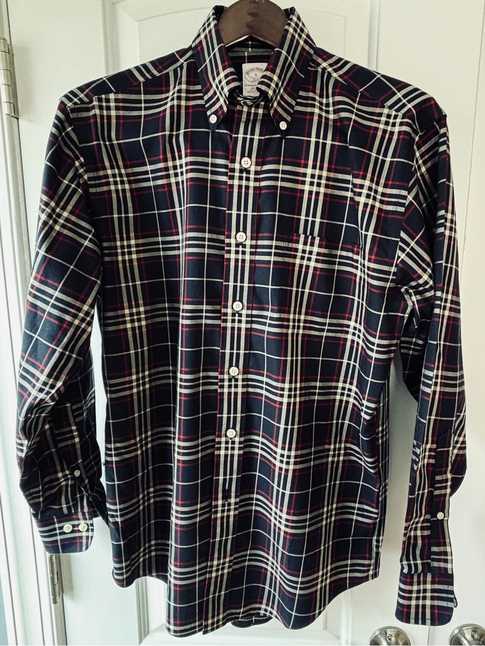 Brooks Brothers Navy Plaid Button-Down Shirt with White and Red Accents